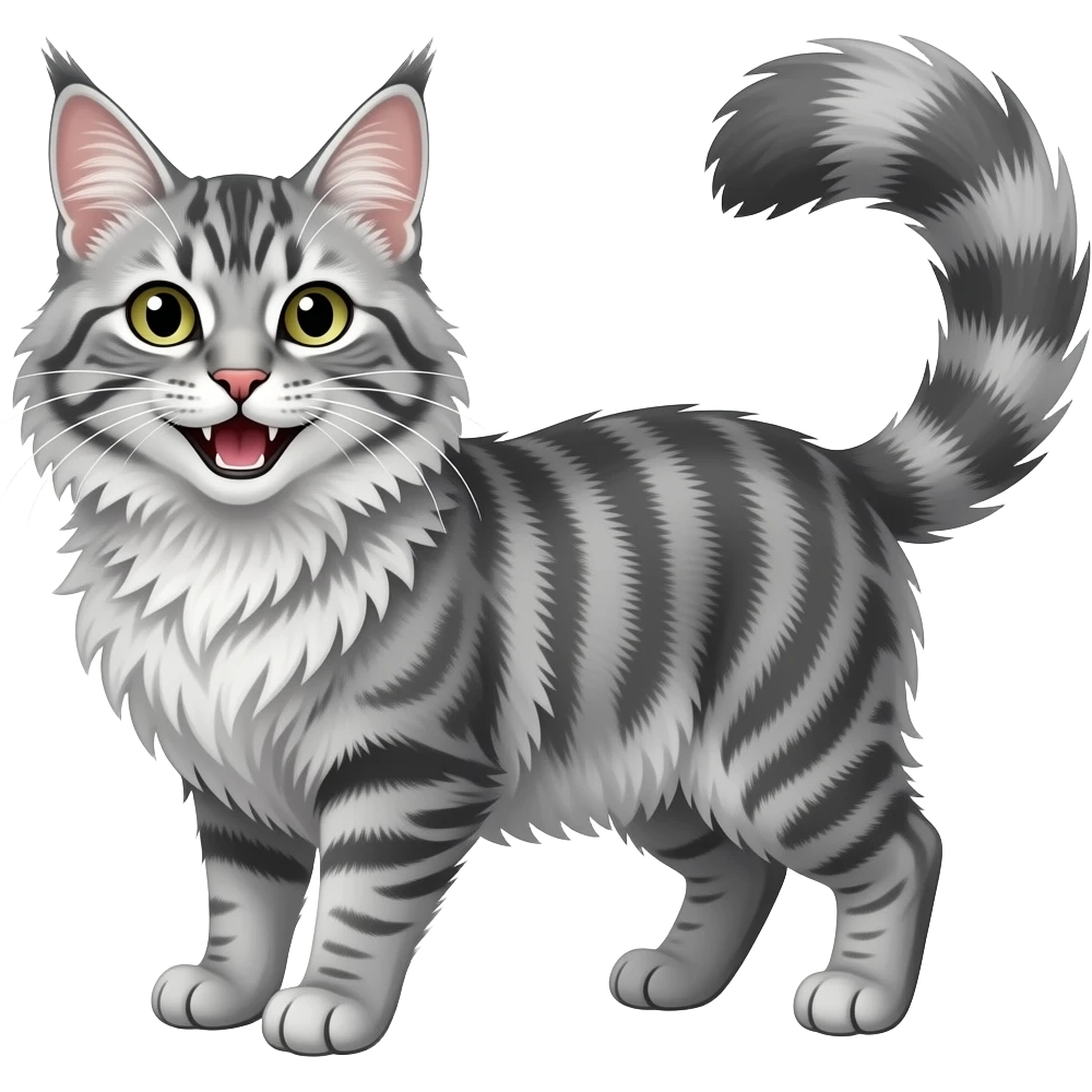 Silver tabby Maine coon with laugh, more fur，thin，tail bigger emoji