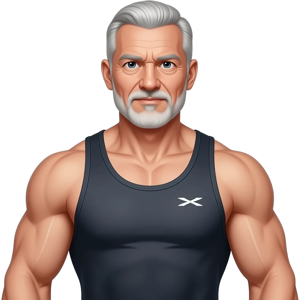 A medium shot captures a powerfully built old man with a muscular physique, his chest and arms prominently displayed. He wears a gymshark tank top emoji