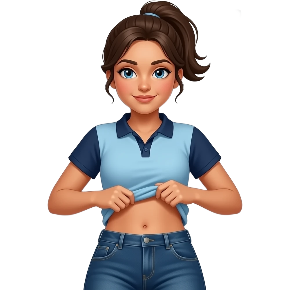 Hispanic girl with brown ponytail and blue eyes light blue and dark blue polo and dark blue baggy jeans and belly button laying down on her pillow on her bed lifting her shirt belly grabbing emoji
