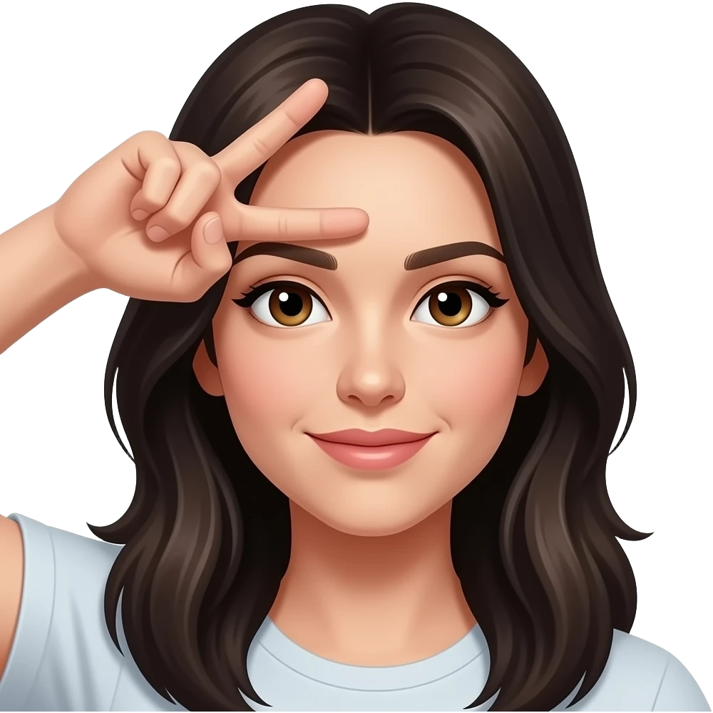 Woman with dark long hair brown eyes making L fingers on forehead emoji