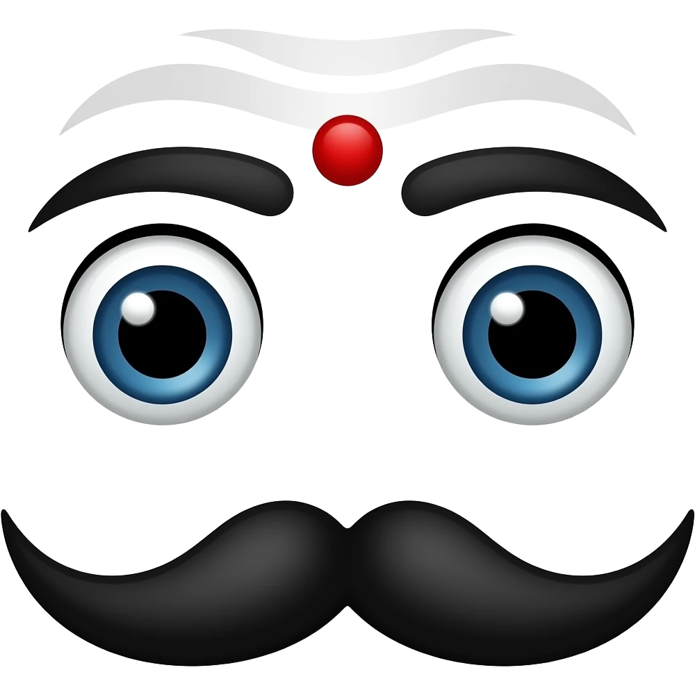In a white background no person is needed just black eyebrows, red bindi and moustache yeah this is perfect but like Bharathiyar symbol make red bindi a little smaller don't change anything eyebrows should be joint with eyes like drawn emoji