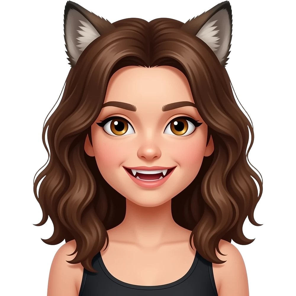 Werewolf girl with brown hair wavy hair, fangs young adult emoji