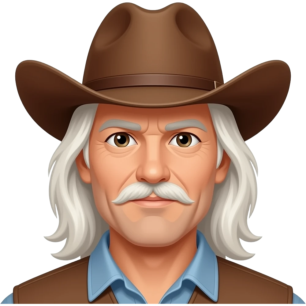 Emoji of man in brown cowboy hat with long white hair but no moustache emoji