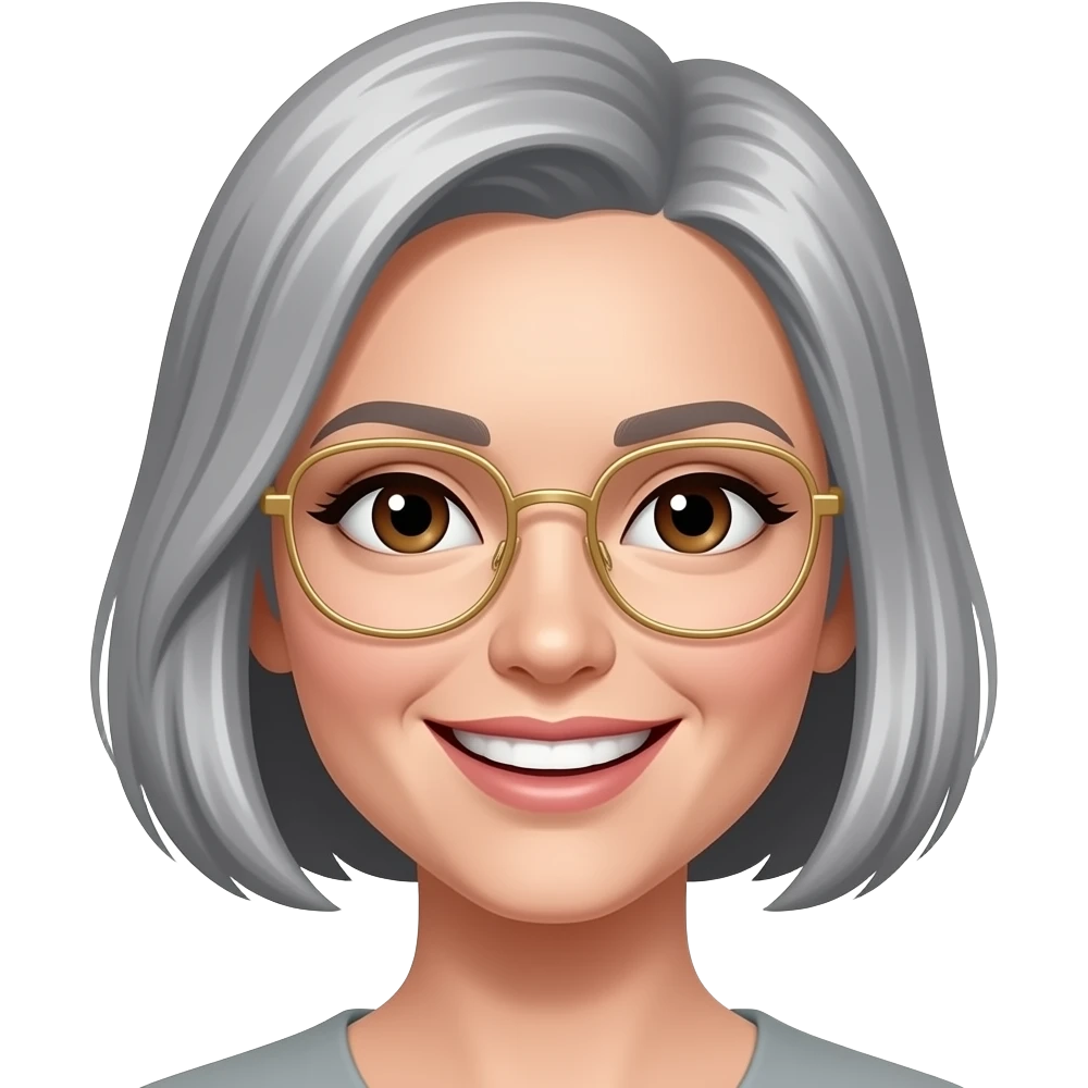 female, salt and pepper hair, bob cut, no bangs, chocolate brown eyes, gold-rimmed eyeglasses, teeth showing with her smile emoji
