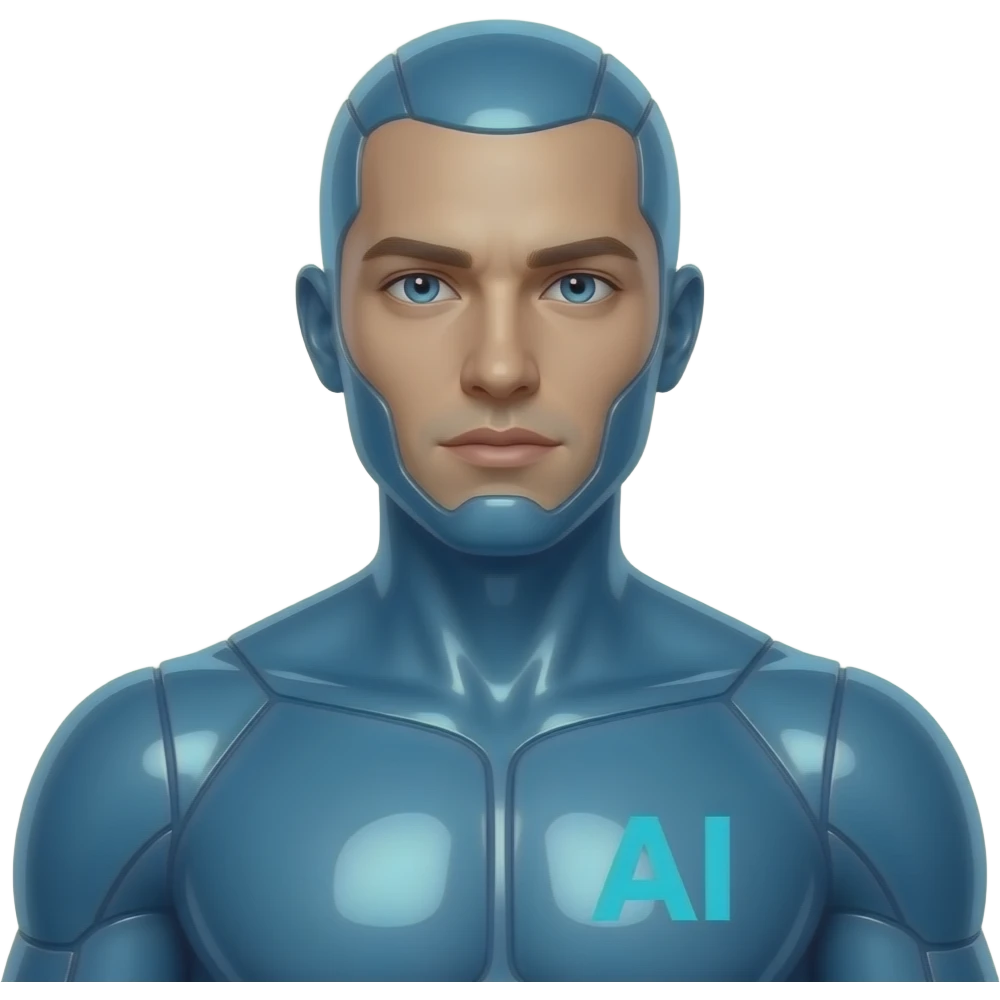 Erstelle eine sexy männliche Science-Fiction AI mit durchsichtiger blauer und glänzender Plastik artigen Haut, das Gesicht und Körper auch. er hat keine Augenbrauen und keine Haare. Ein AI Logo als Schrift leichten blau auf seiner rechten Brust und seine Augen leuchten  auch blau emoji