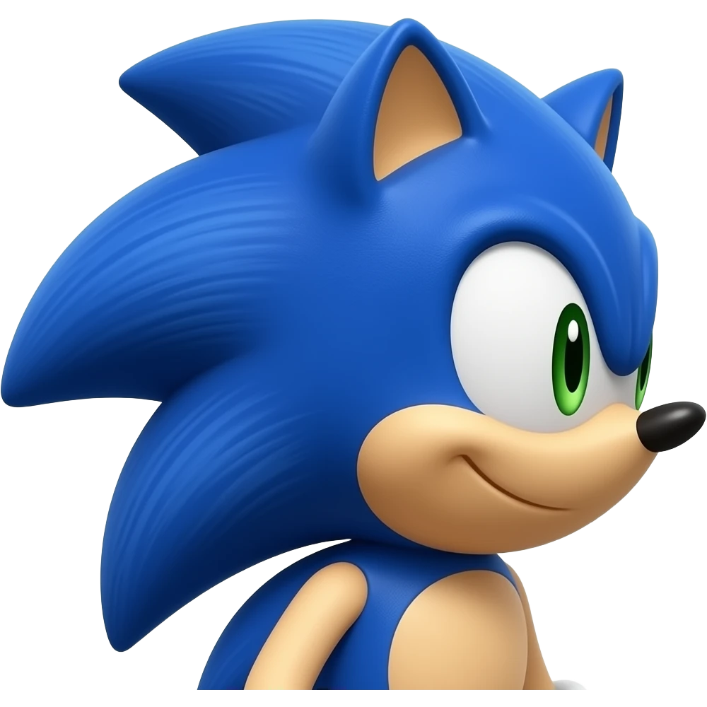 same exact classic blue hedgehog game character emoji, identical face shape, identical green eyes, identical blue spikes, identical smile, identical ears, identical skin color, identical proportions, right side profile, smooth glossy 3D render, emoji style, only camera angle changes emoji