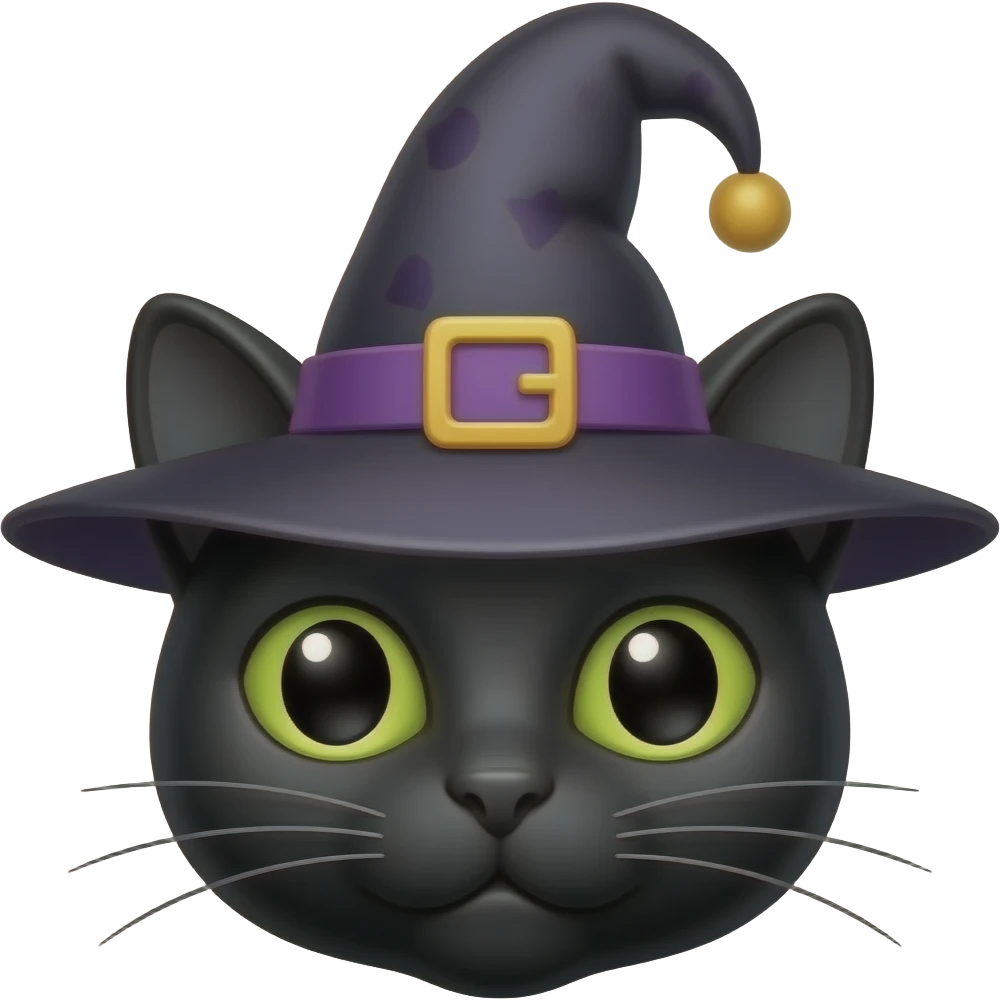thin black cat face with a witch hat on, but more realistic emoji