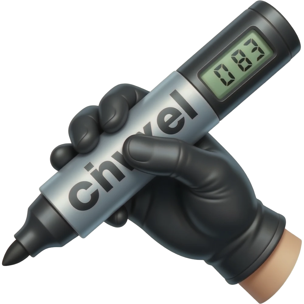 female hand in black simple glove writing with big bold metallic marker, small display timer on the marker emoji