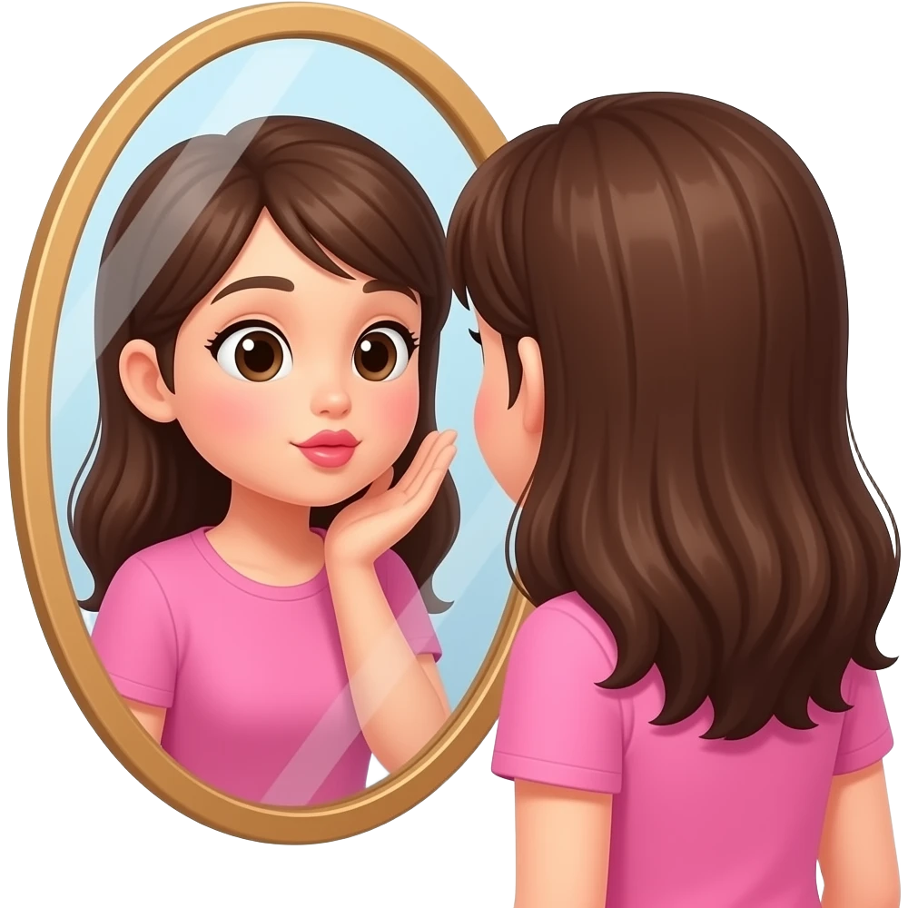 Девушка в розовом одежде смотрит в зеркало и целует свое отражение emoji