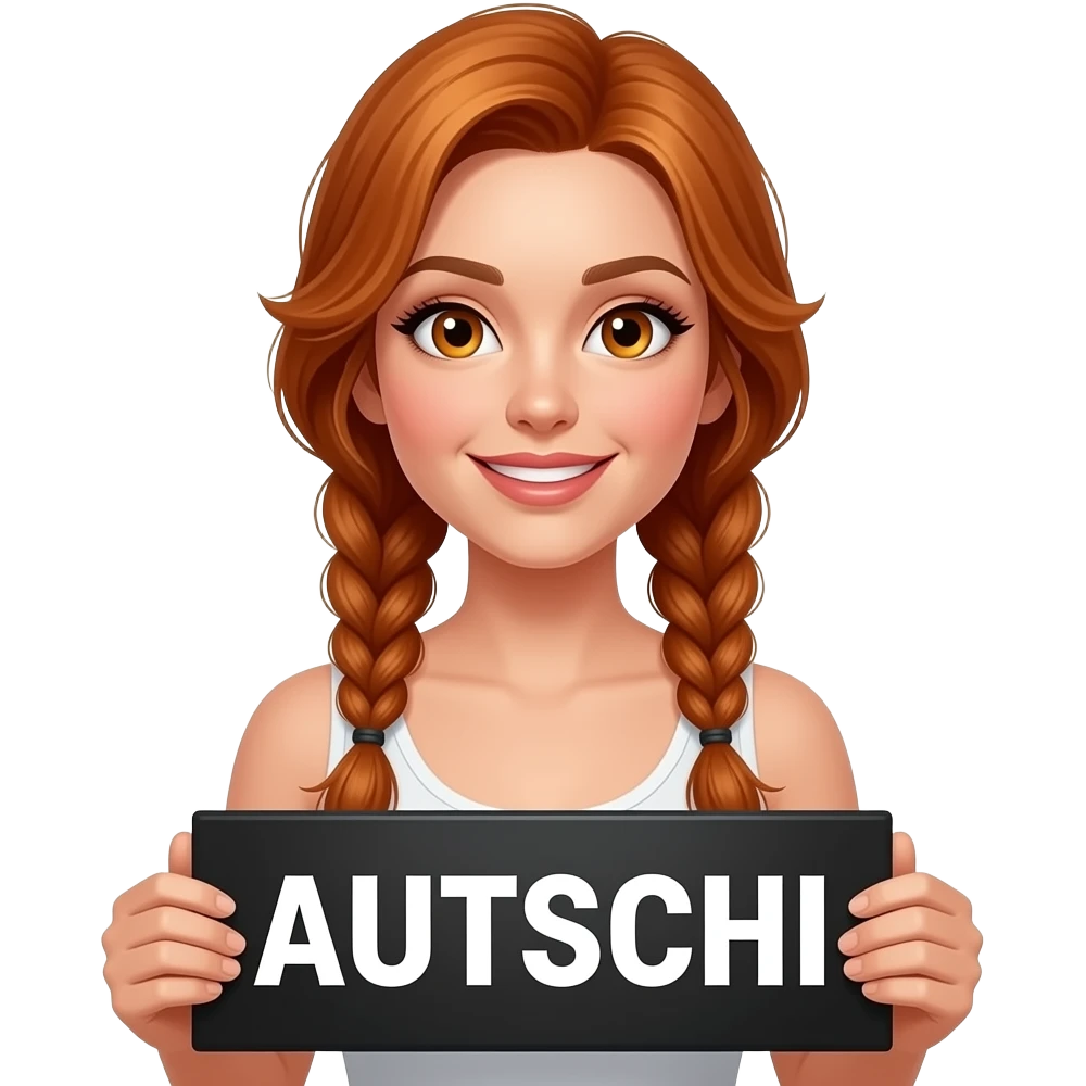 sexy girl with long ginger braids and ginger eyes wearing a white tanktop is holding a black sign with AUTSCHI written on it emoji