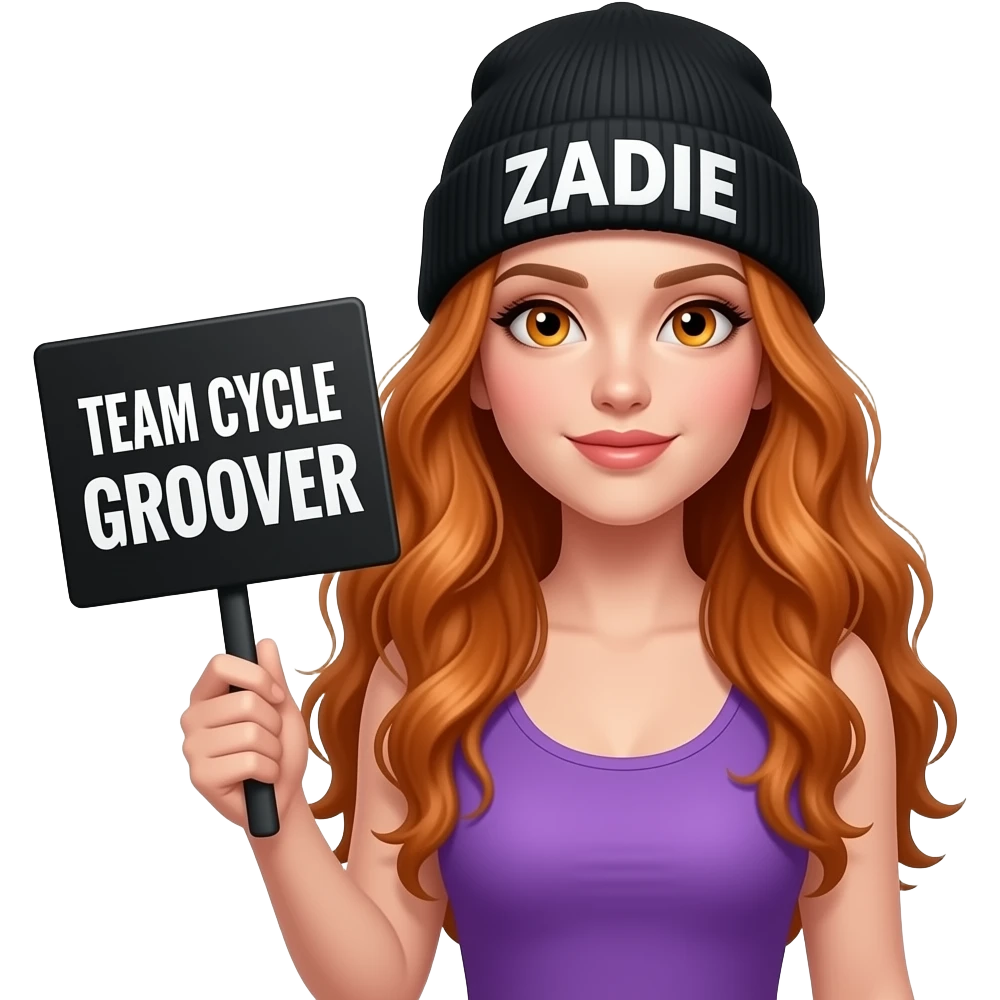 sexy girl with overlong wavy ginger hair and ginger eyes wearing a purple tanktop and a black beanie with ZADIE written on it, is holding a black sign with TEAM CYCLE GROOVER written on it emoji