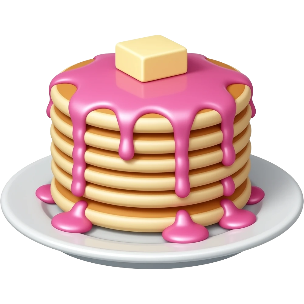 порция панкейков на тарелке с розовым политым сиропом и кусочком масла emoji
