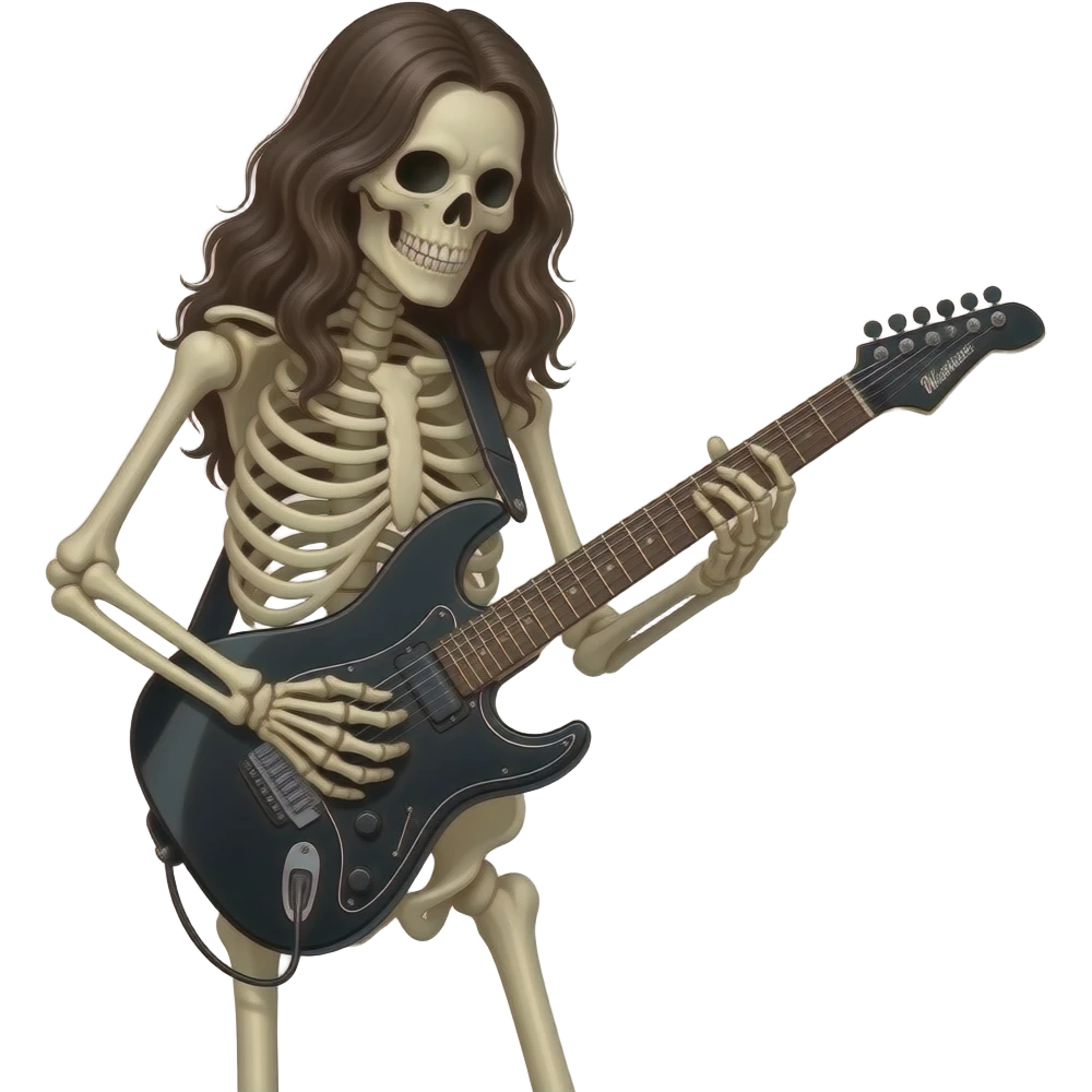 A "full body" long haired skeleton playing a "B.C. Rich Warlock" style guitar emoji