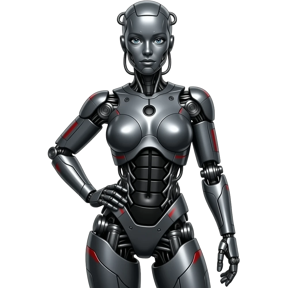 A mechanical woman made of dark gray steel with black and red markings,no human features, only robot features, entire body, sexy pose, robot face, full body pose emoji