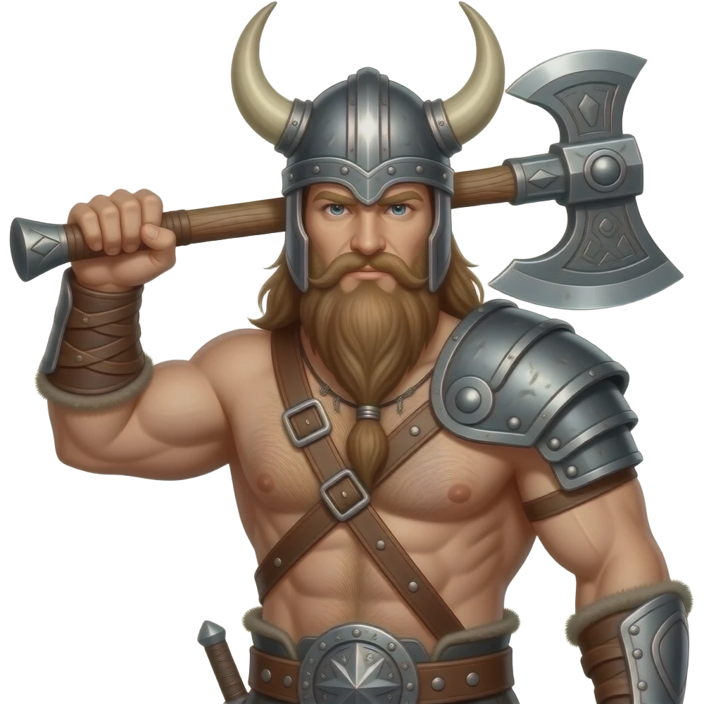 Vikinger mit nackten muskulösem körper und einer behaarten und starken Brust, mit Leder Riemen und Schulterpanzer. Er schwinkt eine Axt und trägt ein Helm mit Hörnern und hat ein langen Bart emoji