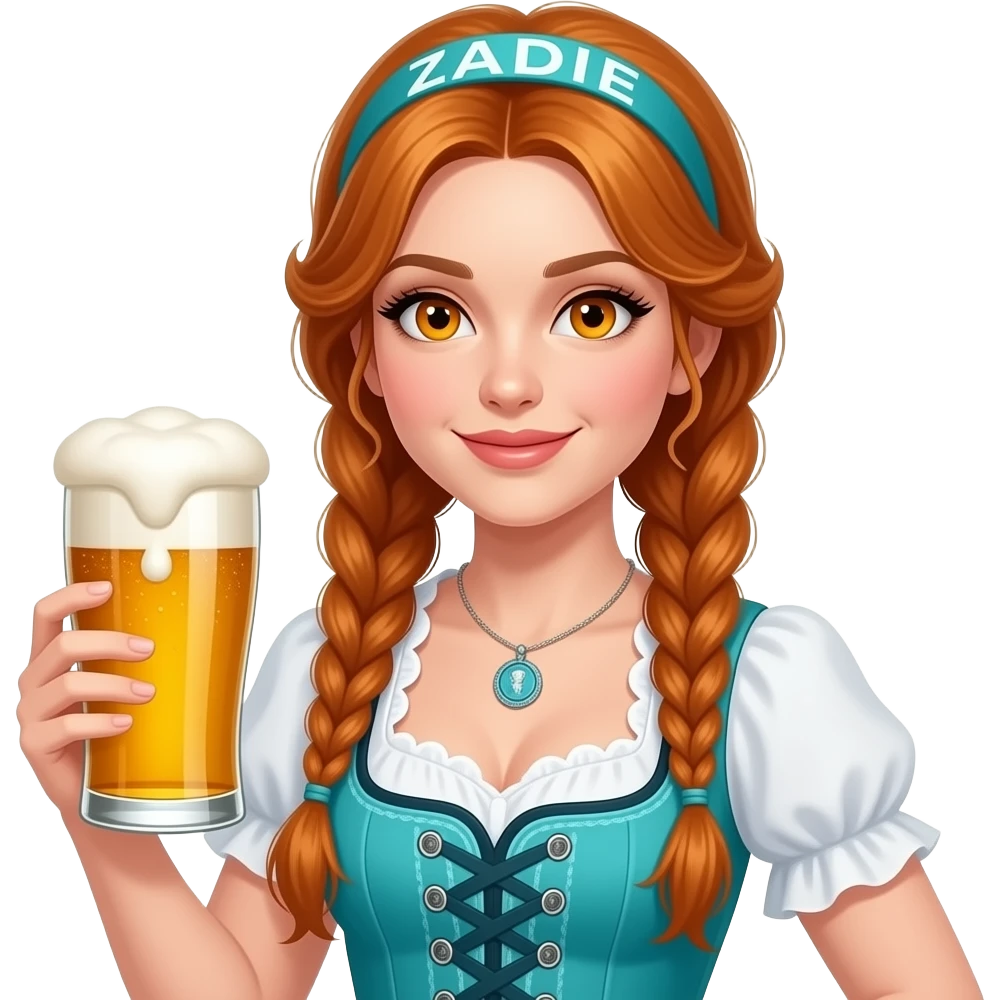 sexy girl with overlong ginger braids and ginger eyes wearing a turquoise dirndl and a turquoise headband with ZADIE written on it, is holding a mass beer emoji