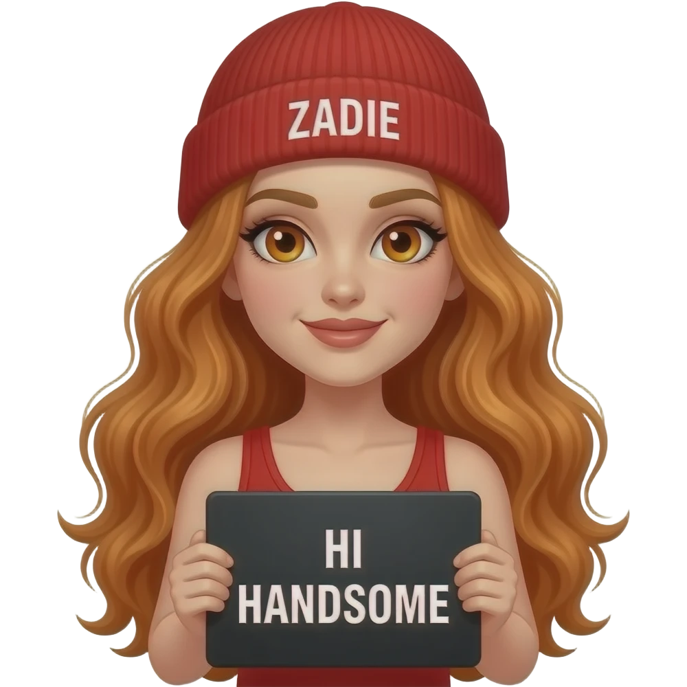 sexy girl with overlong wavy ginger hair and ginger eyes wearing a red tanktop and a red beanie with ZADIE written on it, is holding a black sign with HI HANDSOME written on it emoji