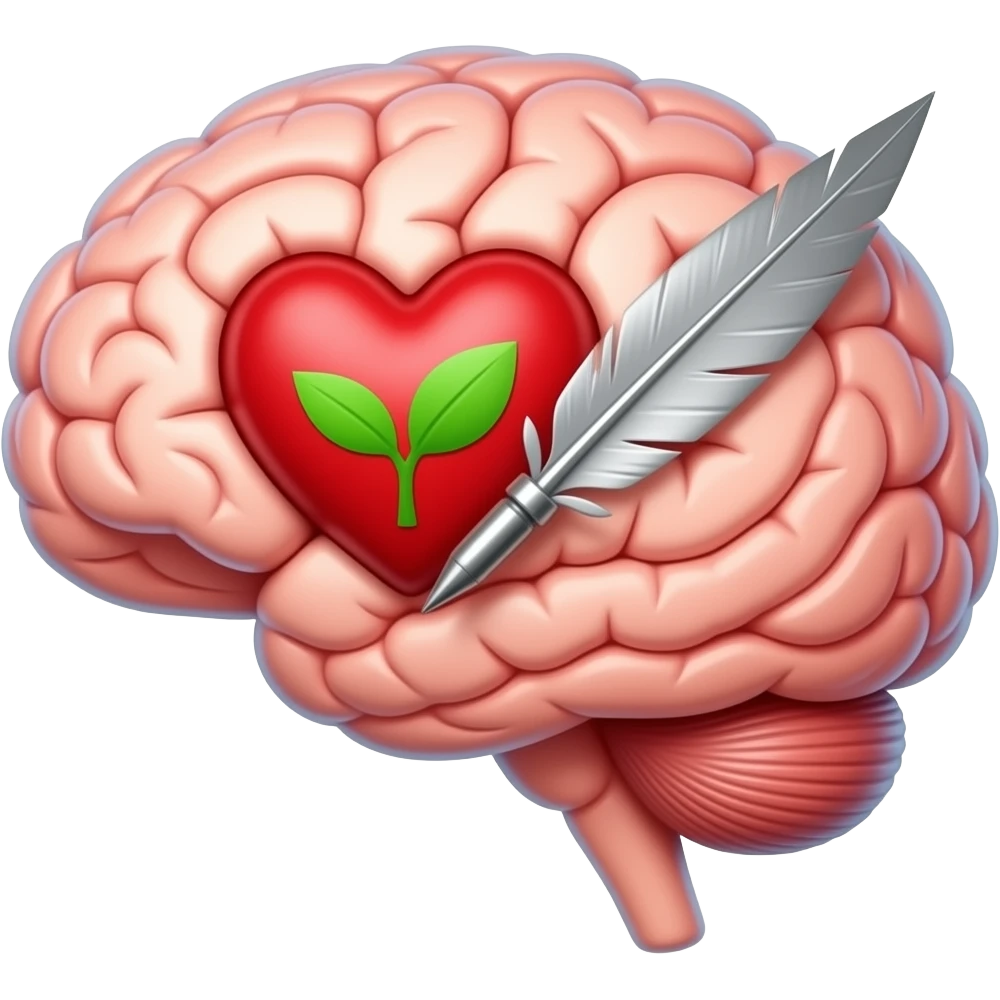 The outline will be a mind. Inside, there is a heart written by a quill. Add an extra symbol to symbolize newness/restoration. Make this colorful! emoji