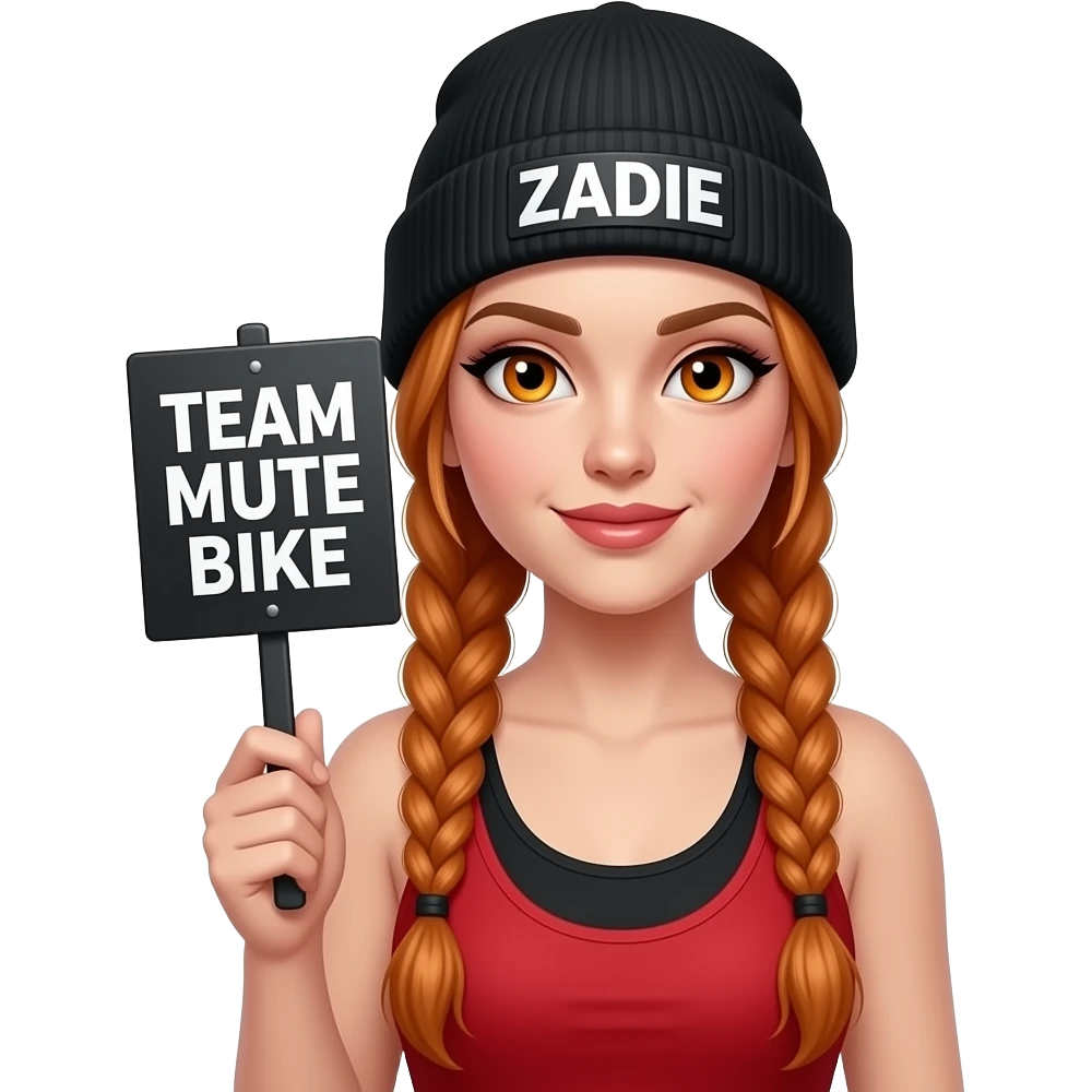 sexy girl with overlong ginger braids and ginger eyes wearing a red black tanktop and a black beanie with ZADIE written on it, is holding a black sign with TEAM MUTE BIKE written on it emoji