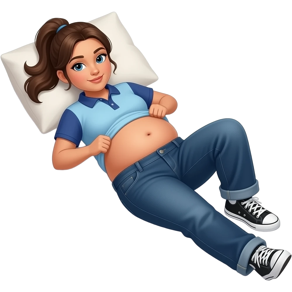 Hispanic girl with brown ponytail and blue eyes light blue and dark blue polo and dark blue baggy jeans and white and black sneakers and belly button laying down on her pillow on her bed lifting her shirt to show her obese belly emoji