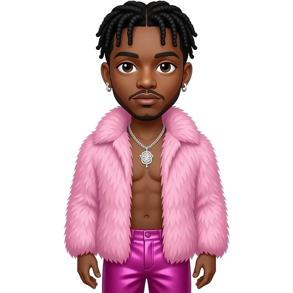 Lil Nas X with dark brown eyes, black hair, pink fur shawl, fuchsia metallic baggy pants, shirtless with necklace and earrings emoji