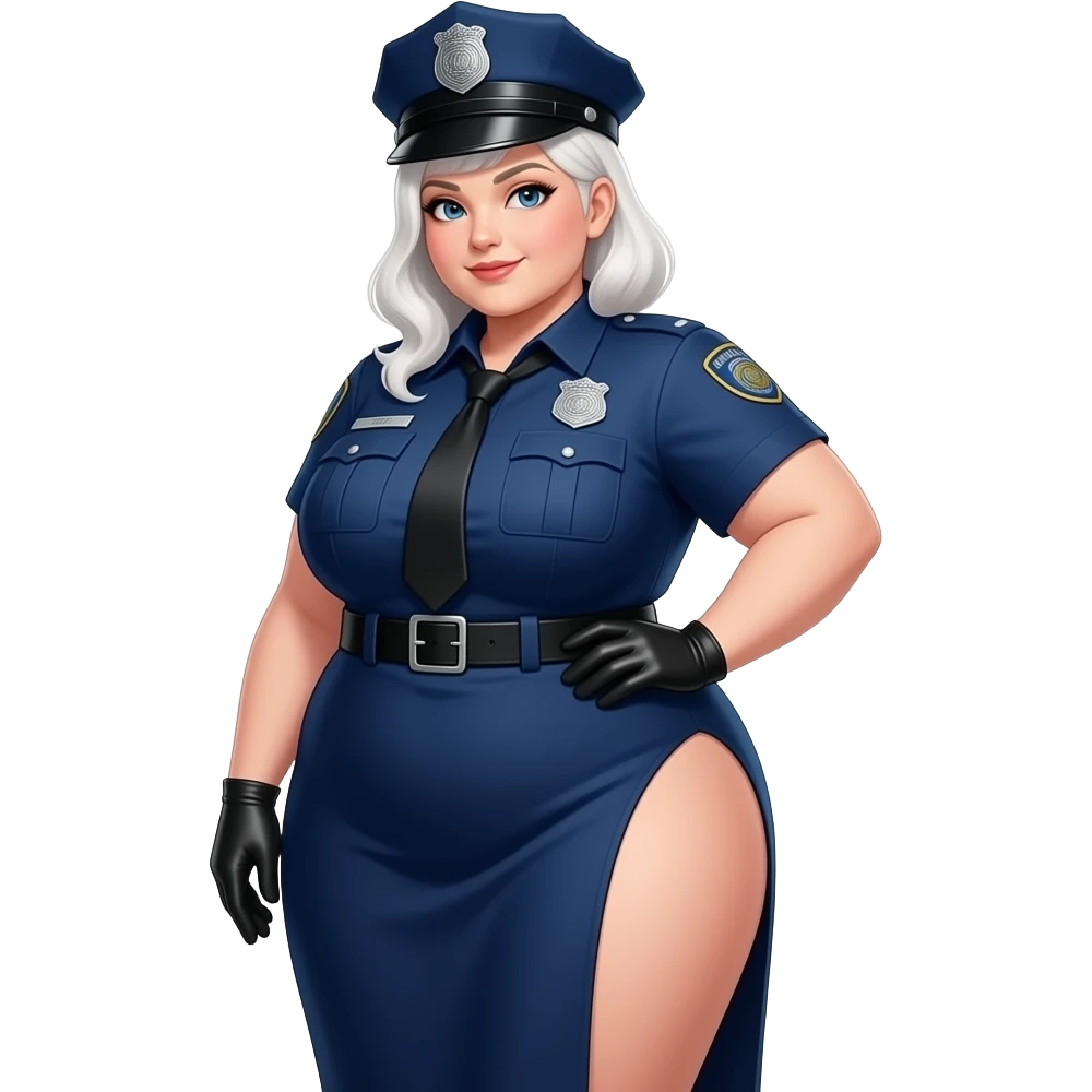 Huge proportions Anime extremely fat big booty a white hair female creature cosplaying police woman showing back her buttocks with her long fabric dark blue dress showing her butt and the sides of the dress are naked and her right hand touch’s her buttstocks with black gloves emoji