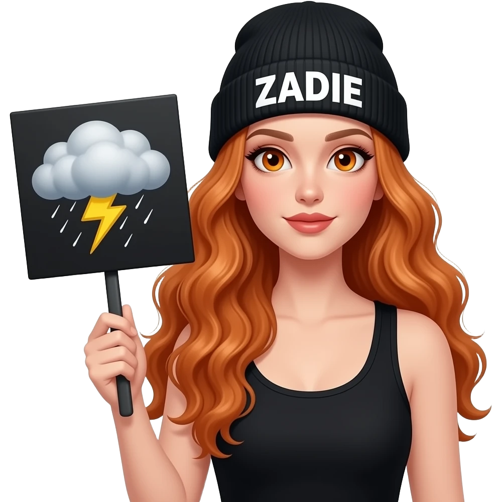 sexy girl with overlong wavy ginger hair and ginger eyes wearing a black tanktop and a black beanie with ZADIE written on it, is holding a black sign with ⛈️ on it emoji