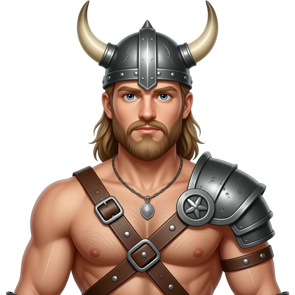 Vikinger mit nackten maskulinen behaarten Oberkörper und starker Brust, mit Leder Riemen und Schulterpanzer. Er trägt ein Helm mit Hörnern emoji