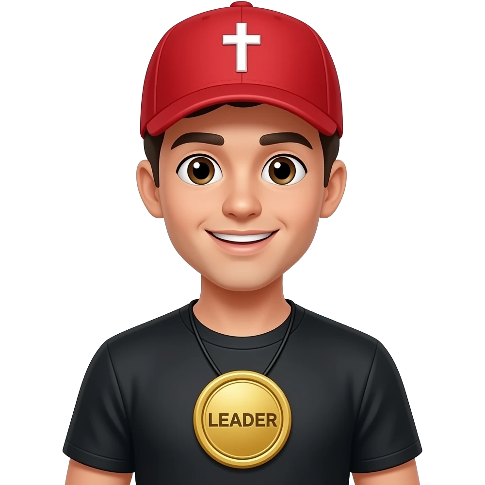 A excited looking young man in a red baseball cap with a cross has a black shirt  with a big gold badge that says "LEADER" in big letters. Background has math done wrong "2+1=4" and "Huh?" and "I'm the boss". emoji