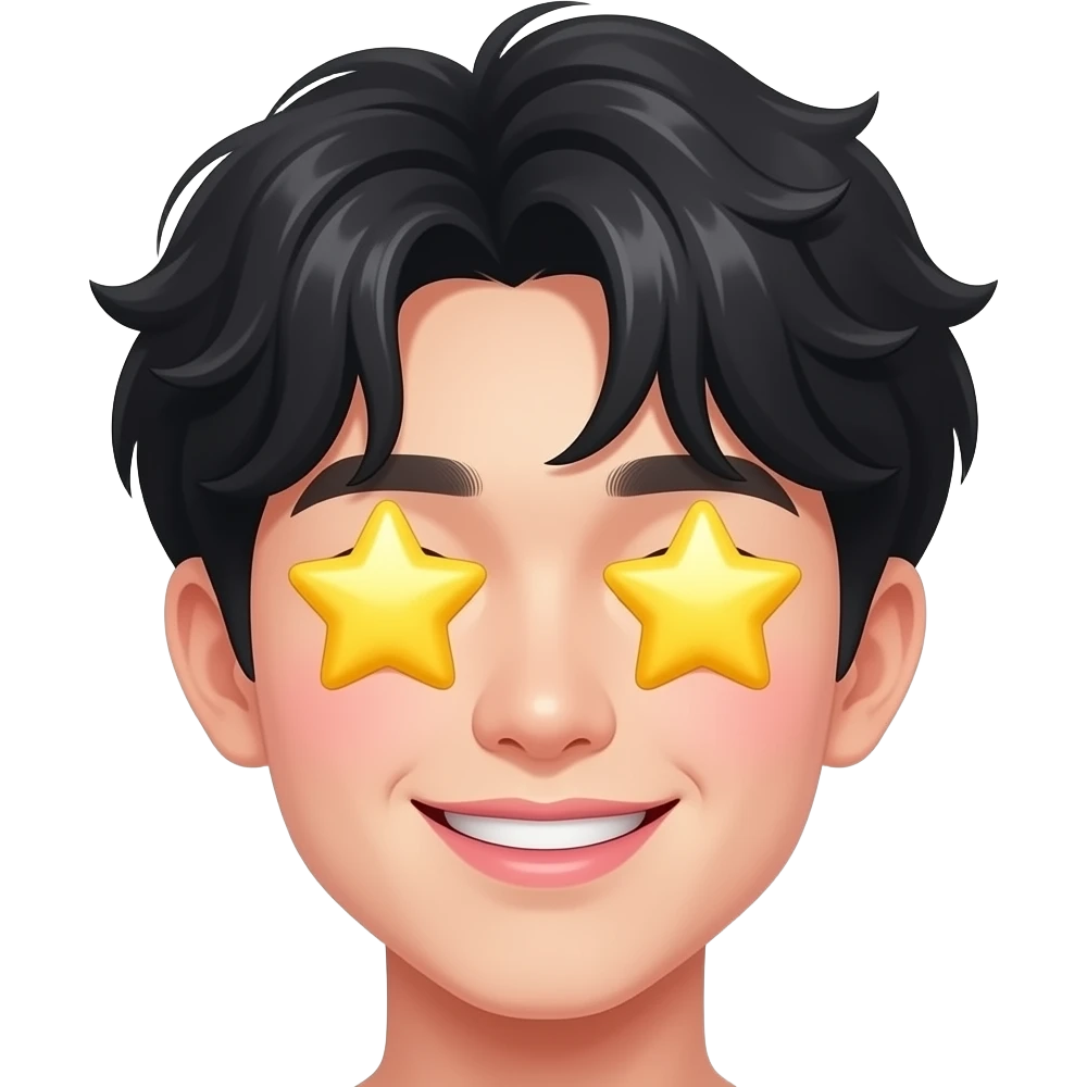 🤩 star-struck Korean boy emoji, fluffy black wavy bangs, eyes replaced with BIG sparkling yellow stars,  high nose bridge, soft pink lips, playful mischievous smile, glossy 3D cartoon render, vibrant colors, white background, high quality illustration, face only emoji