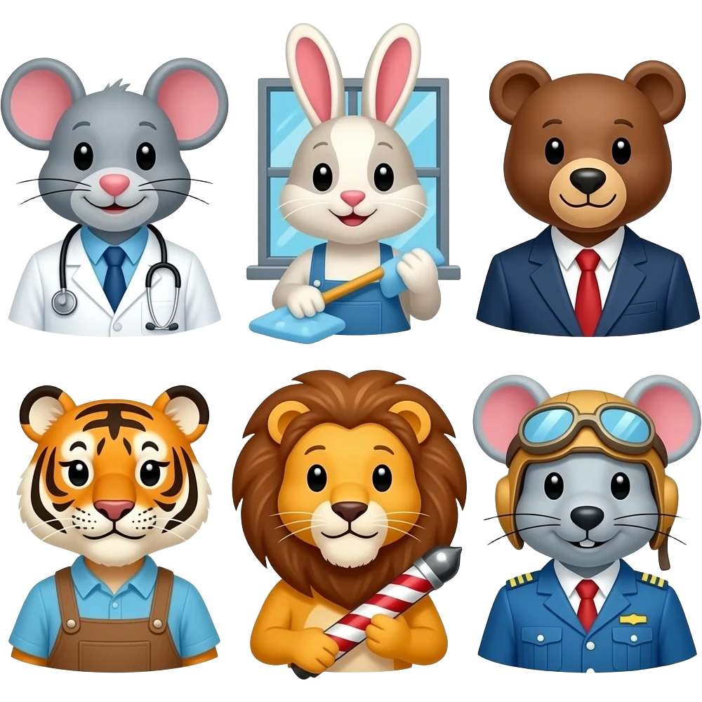 Doctor mouse, window cleaner rabbit, banker bear, grocer tiger, barber lion, and pilot mouse emoji