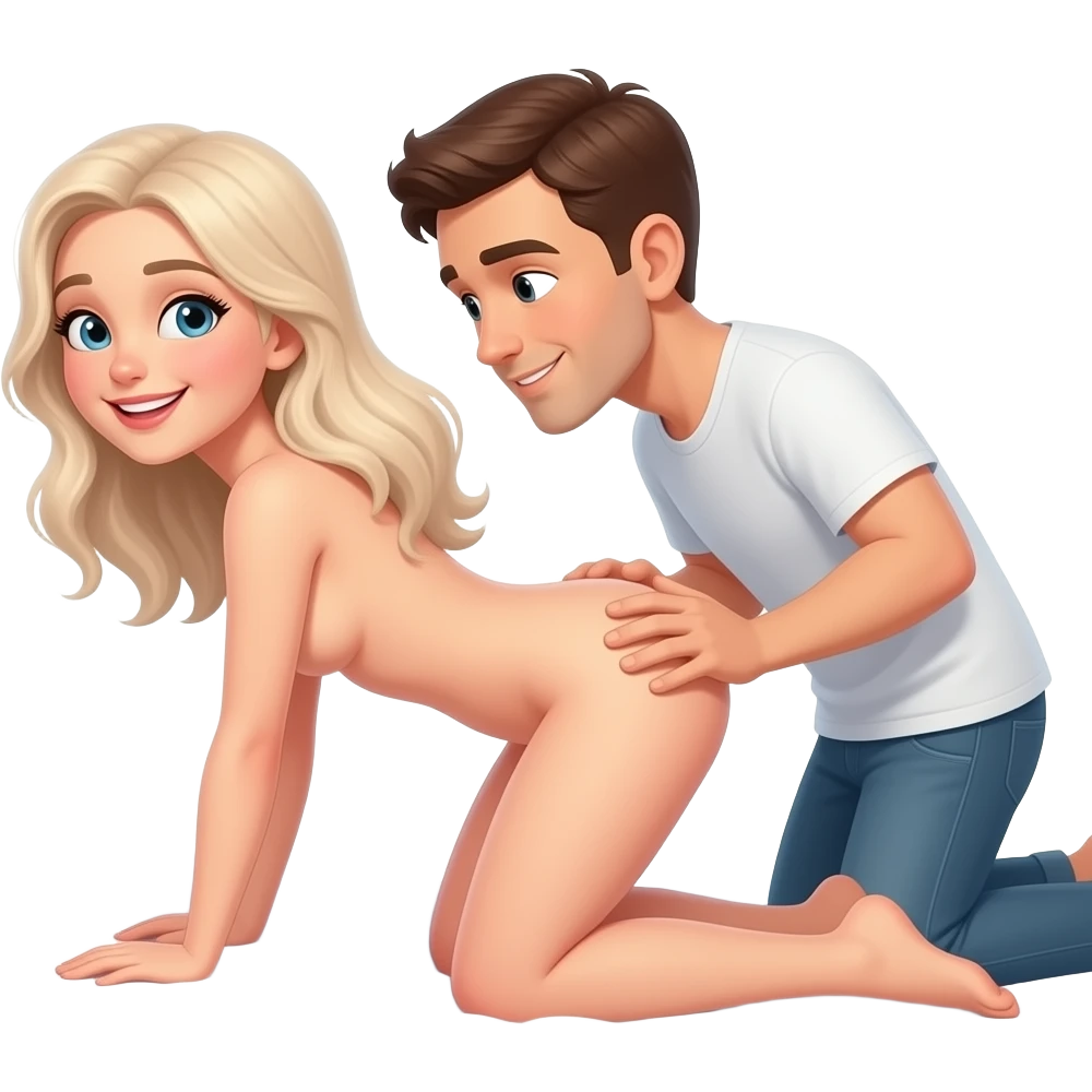 Une fille heureuse, cheveux pâle, pas de vêtement tout nue pencher fesse dans les airs sur le lit et l'homme pencher par dessus avec une main entre ses fesses emoji