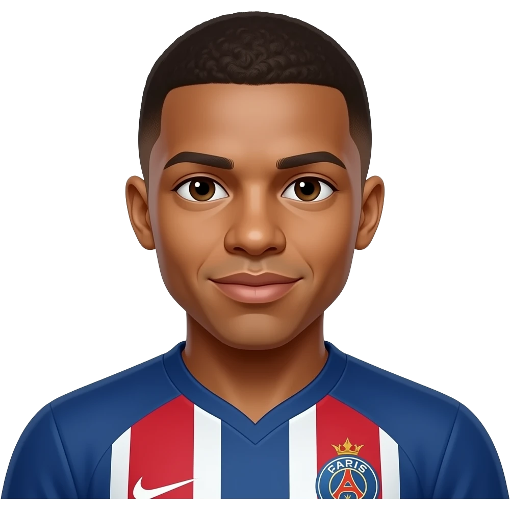 Mbappe-inspired 3D emoji, same face every time, no football, confident football king expression. emoji