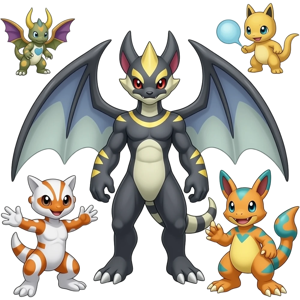 Guilmon-Zorua-Zoroark-Noibat-Absol-Fakémon-Digimon-hybrid, full body detailed emoji