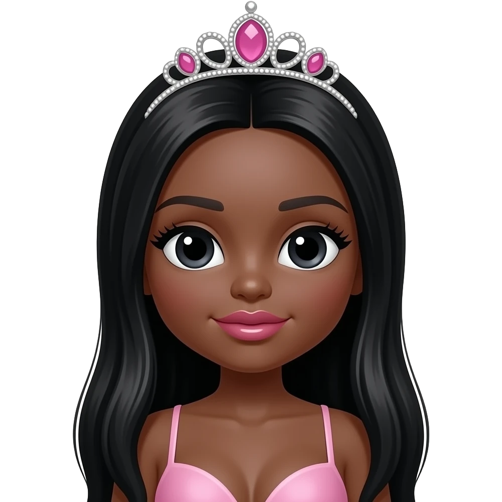 big lips, pink tiara, doll eyes, Doll, big chest, dark brown skin, with middle part long black hair, black cute eyes, with cute lip, without no bra emoji