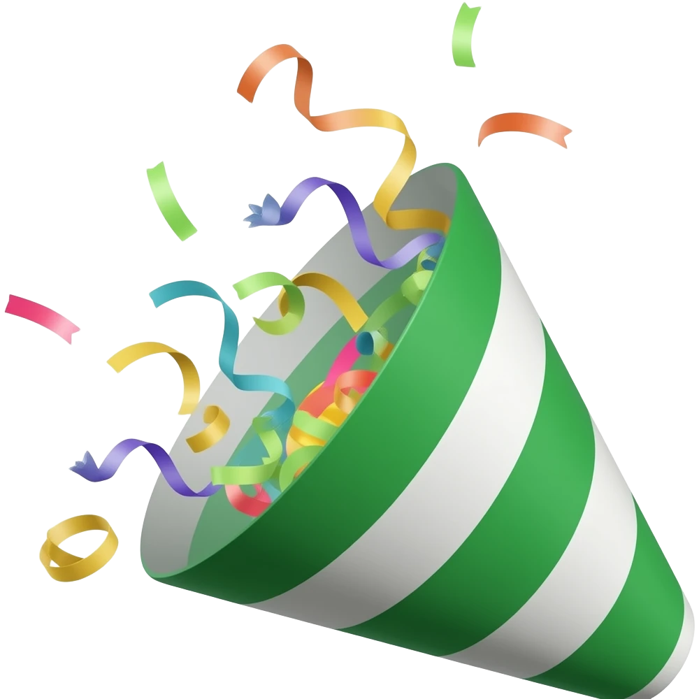 ios emoji style green party popper  with some confetti flying out from inside emoji