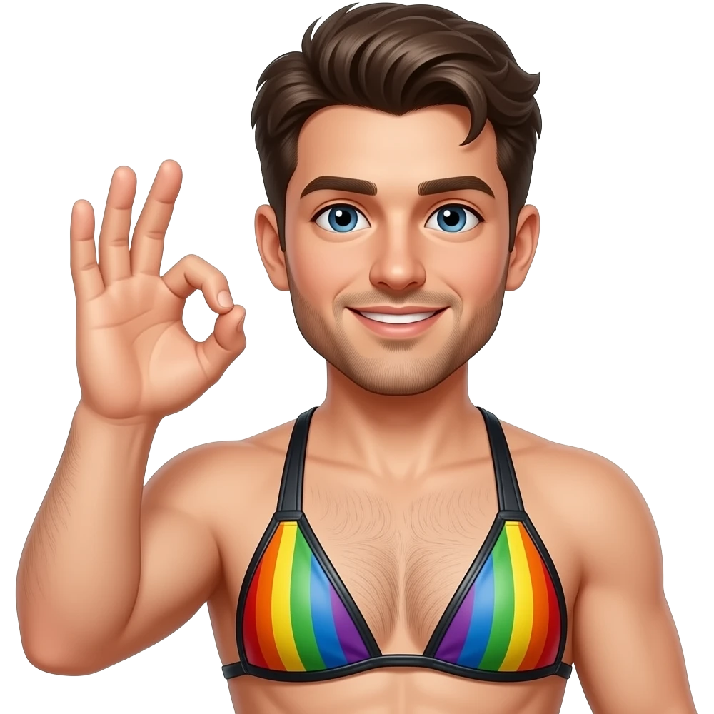 Gay dude in leather bikini rainbow fingering an ok hand sign emoji