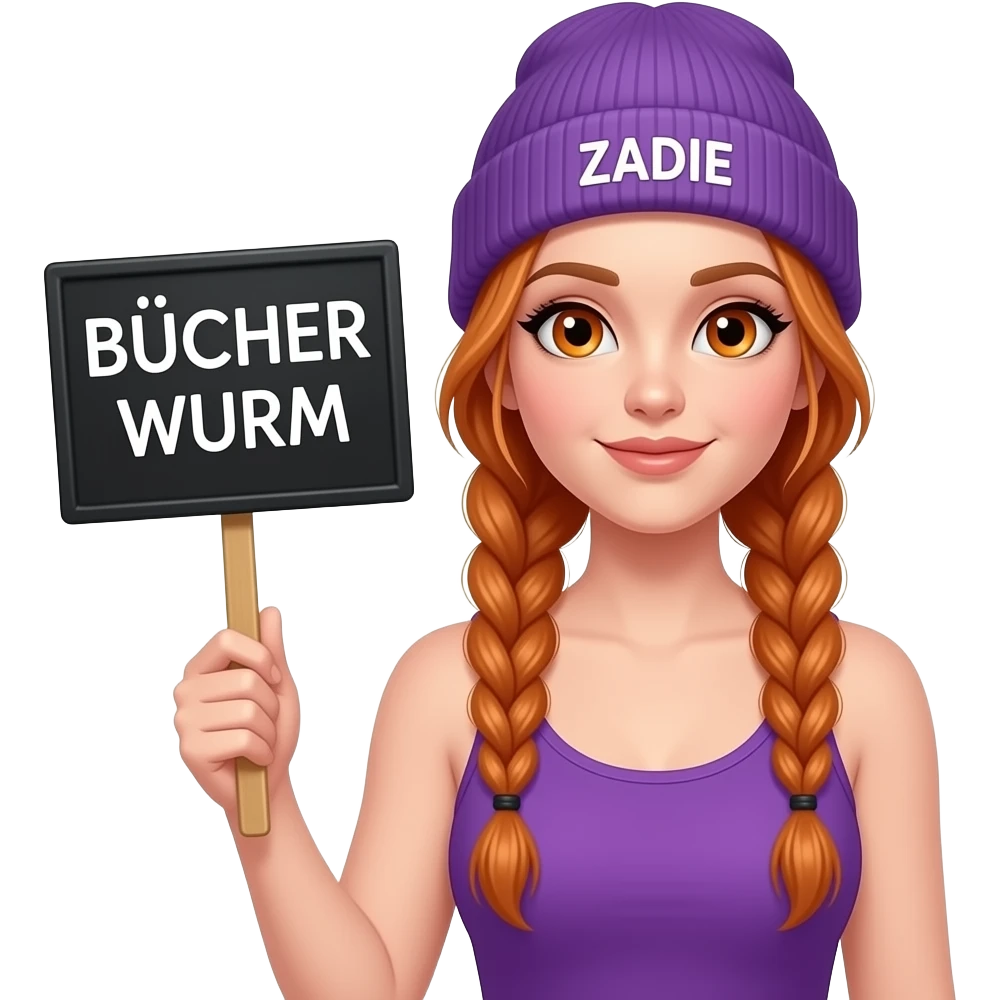 sexy girl with overlong ginger braids and ginger eyes wearing a purple tanktop and a purple beanie with ZADIE written on it, is holding a black sign with BÜCHER WURM written on it emoji