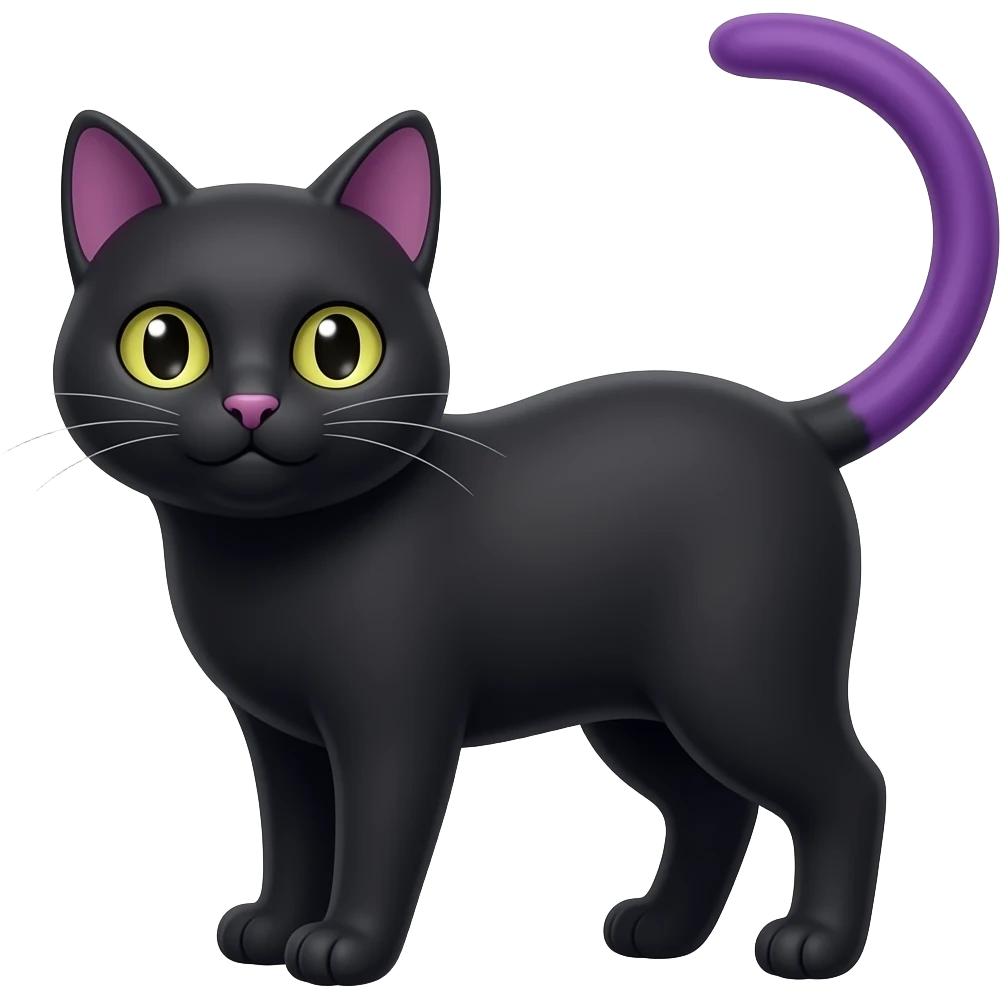 Funny black cat with tiny eyes and a purple tail, simple doodle style, clean pen line art, bold black outline, flat colors, cute, minimalist, white background. emoji