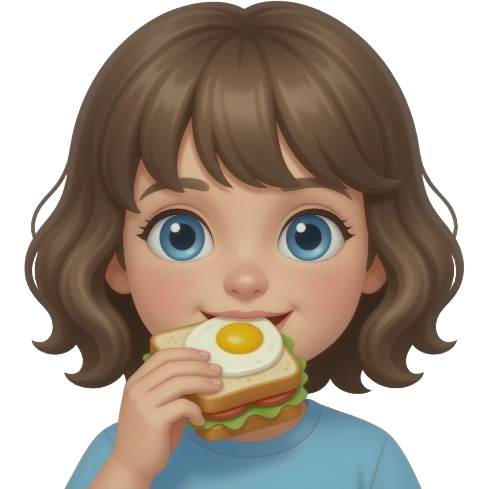 white kid blue eyes mid length hair to shoulders with bangs soft curly hair to shoulders in color: middle to little darker blond. eating breakfast, sandwich, eggs emoji