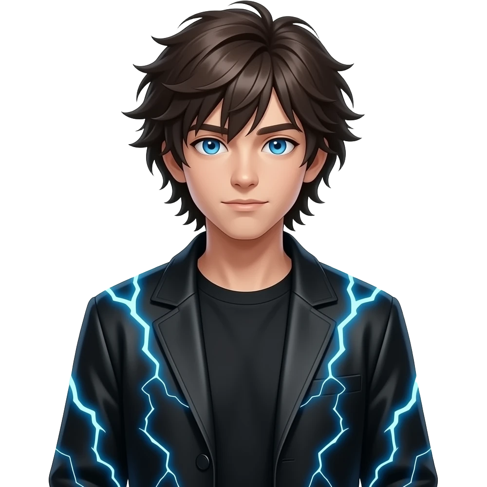 young male with long, messy dark brown hair, glowing electric blue eyes and a black outfit that has a blue electrical current surrounding his body full body emoji emoji