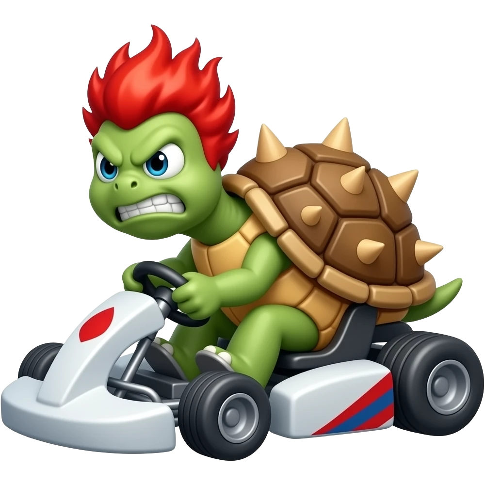 an angry smiling big turtle with spikes on its shell and red flames hair driving a kart, front view emoji