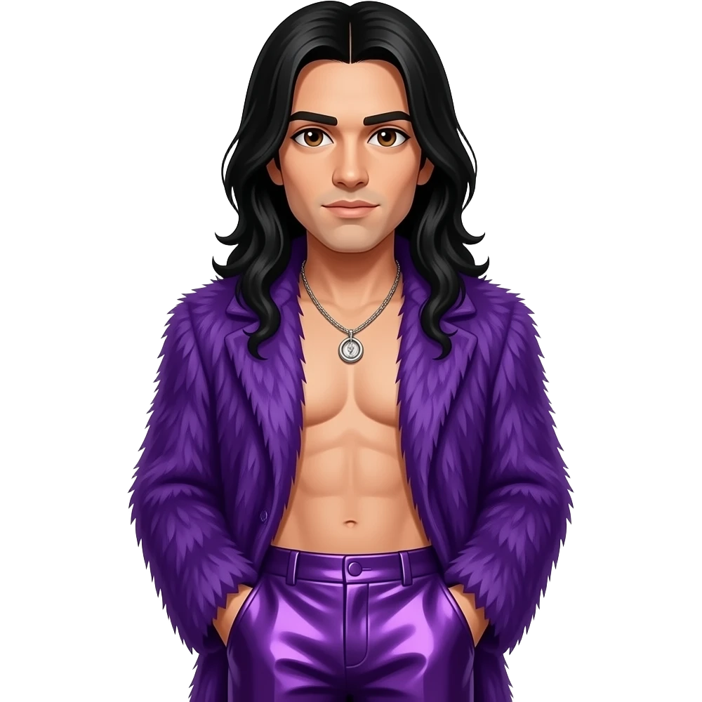 Jonathan Davis with dark brown eyes, long black hair, purple fur coat, purple chrome baggy pants, shirtless with necklace emoji