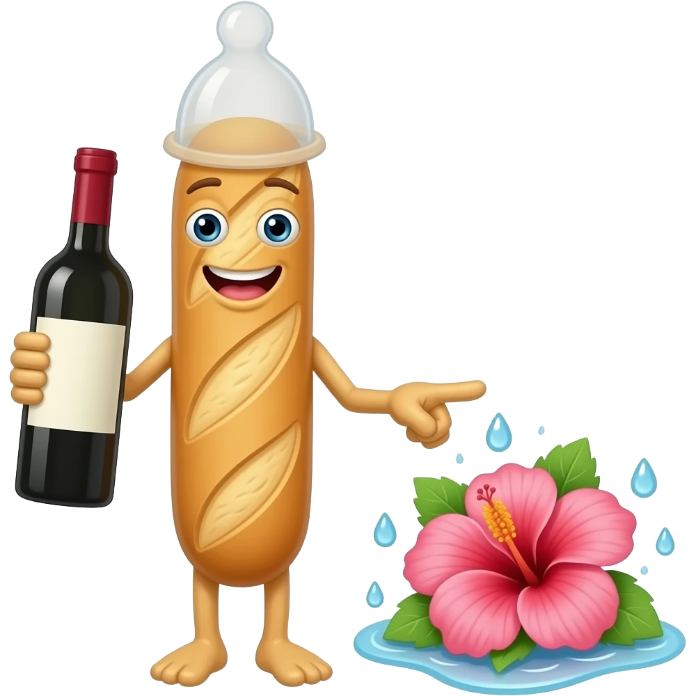 Longue Baguette avec une bouche, des yeux et des bras. Elle a un preservatif sur le haut de la tete et une bouteille de vin dans la main. L'autre main a deux doigts tendus et collés touchant le centre d'un hibiscus qui a des gouttes d'eau autour emoji