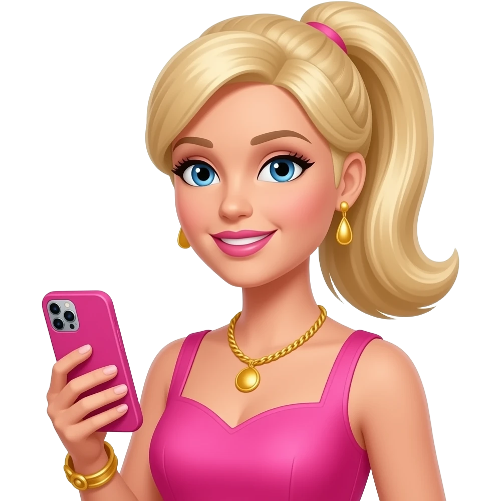 selfie a blonde Barbie-like 50 years woman with one pigtails, wearing a pink dress, holding a pink smartphone, and wearing gold jewelry emoji
