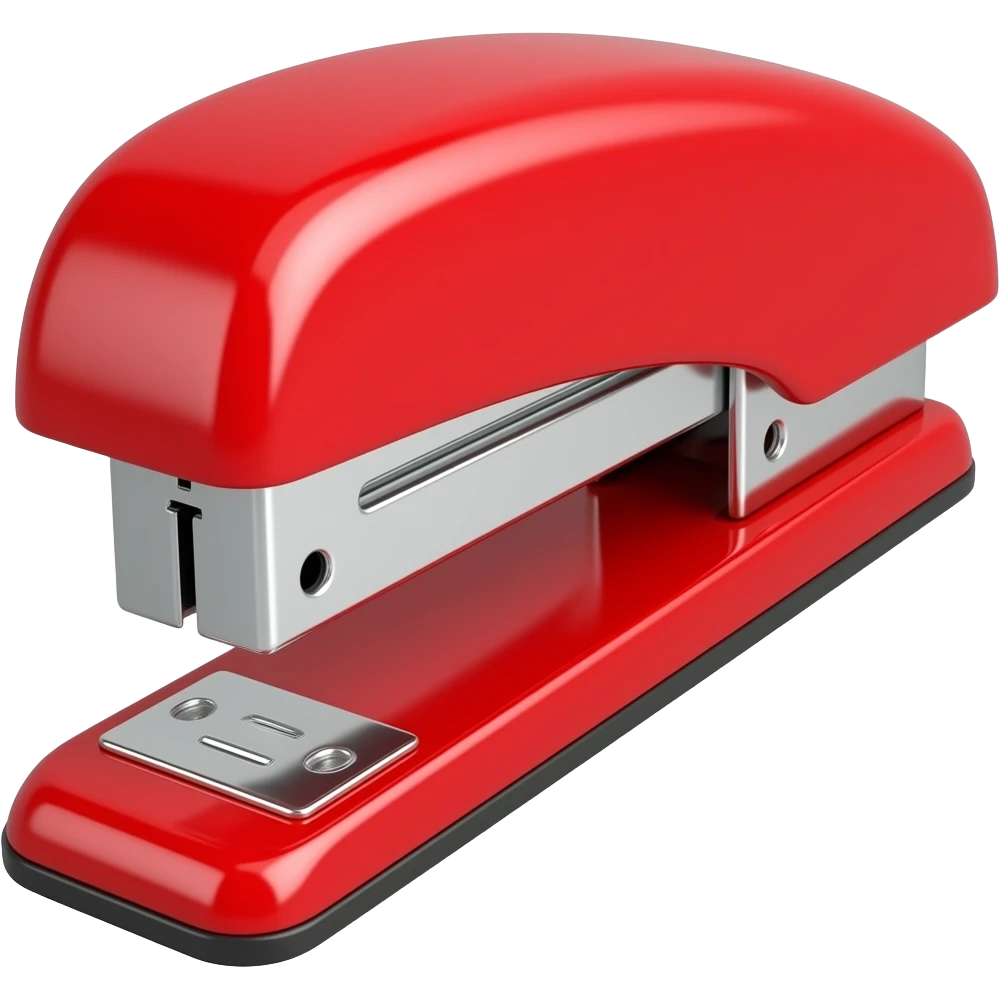 swingline shiny red stapler without stem coming off the stapler wide regular size longer longer and bright red profile view 12 inches long side view rotate left emoji