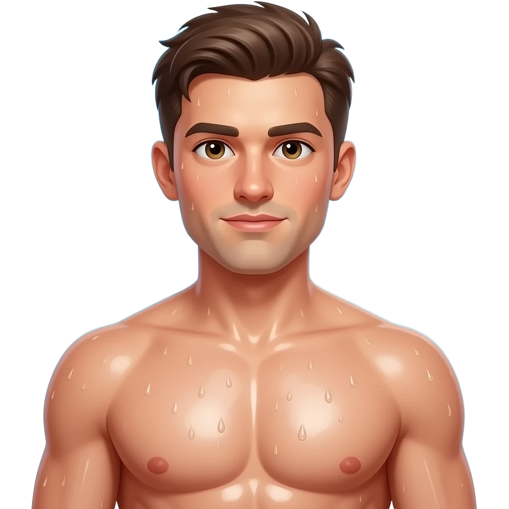Eine Nahaufnahme einer männliche Brust, verschwitzt  glänzend, im Hintergrund  blauer Himmel und die Sonne scheint emoji