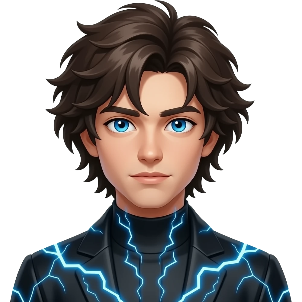 young male with long, messy dark brown hair, glowing electric blue eyes and a black outfit that has a blue electrical current surrounding his body emoji