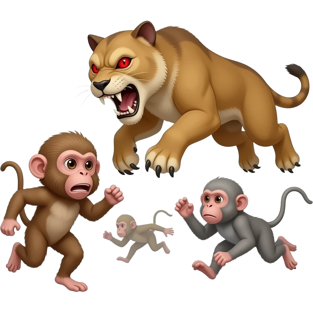 Smilodon jumpscare kills macaque red eyes scary appearance scaring macaques running away from it emoji
