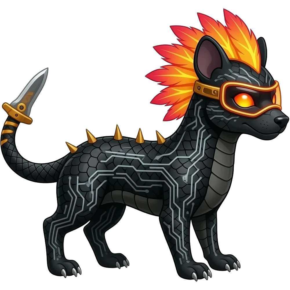 Cool edgy fiery cybernetic electrical visor-helmeted, Circuitry-patterned black-scaled digitigrade futuristic fantasy-Cyberpunk-Steampunk-Solarpunk-Genesect-Cyclizar-Salazzle-Protogen-Fakémon-animal-hybrid, with neon feather-mane, and a tail blade, back spikes emoji